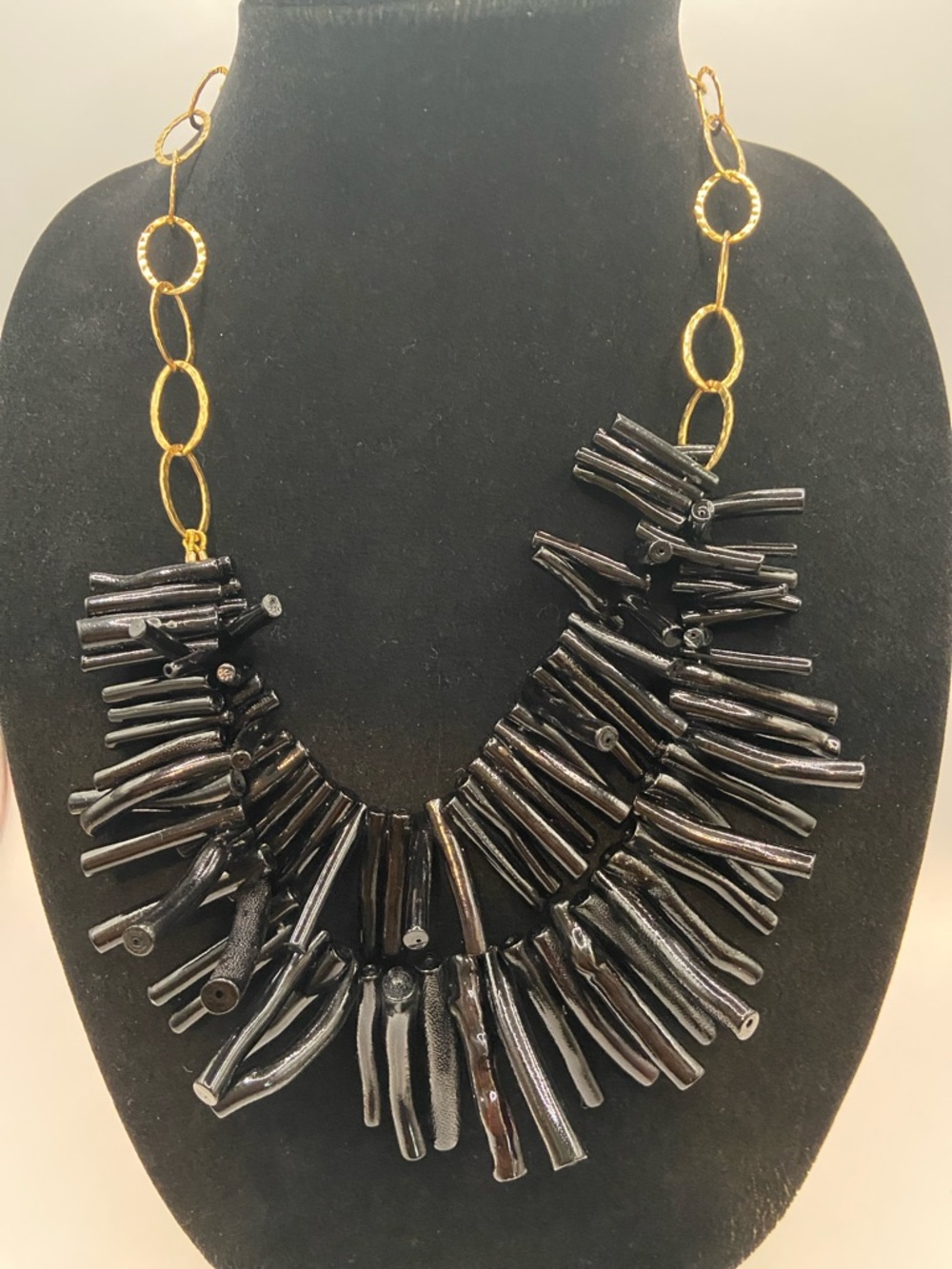 Black Coral Branch Gold Tone Bib Fringe Double Strand Necklace 21”L  Bohemian